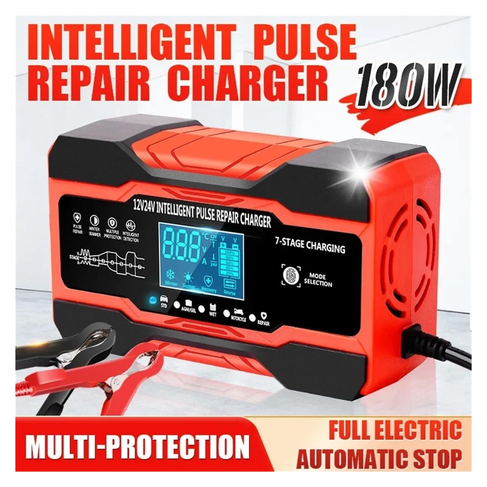 Cargador De Batería Coche Completamente Automático, 12V, 10A, 24V, 5A, Carga Rápida Inteligente For AGM Gel, Plomo Y Ácido, Pantalla LCD Potente Carga Rápida(Red)