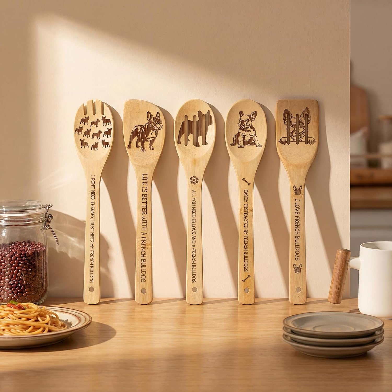 French Bulldog Gift for Housewarming - 5 PCS French Bulldog Bamboo Spoon Decor Kitchen Utensils