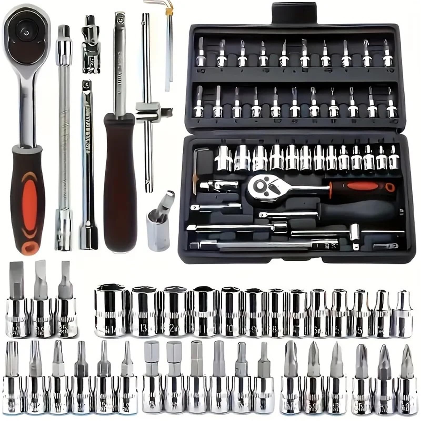 Kauwyehd 46Pcs Socket Black 150/46Pcs Socket Tool Set, Automotive & Motorcycle Repair Includes Ratchet Wrenches Socket Wrench Set(46Pcs Socket Black)