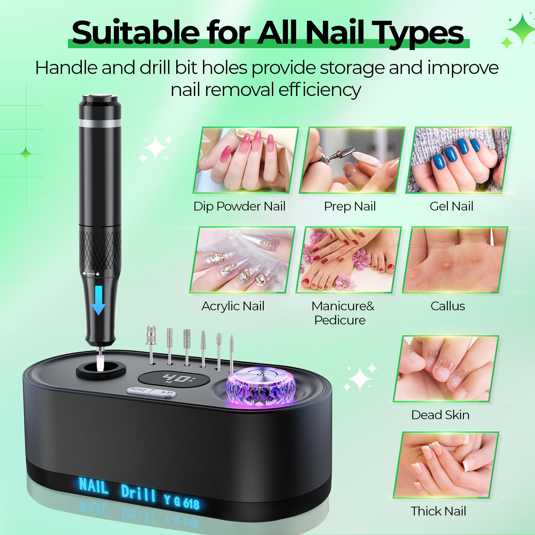 JOSGLOI Perceuse à ongles électrique professionnelle : kit de lime à ongles électrique 40 000 tr/min, lime à ongles avec écran LCD pour ongles en gel acrylique, manucure, pédicure, polissage, meuleuse
