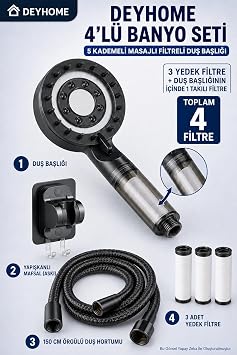 5 Kademeli Masajl  Filtreli Du  Ba l  Siyah + Yap kanl  Mafsal Ask  + 150 cm  rg l  Hortum+ 3 Adet Yedek Filtre 4l  Set