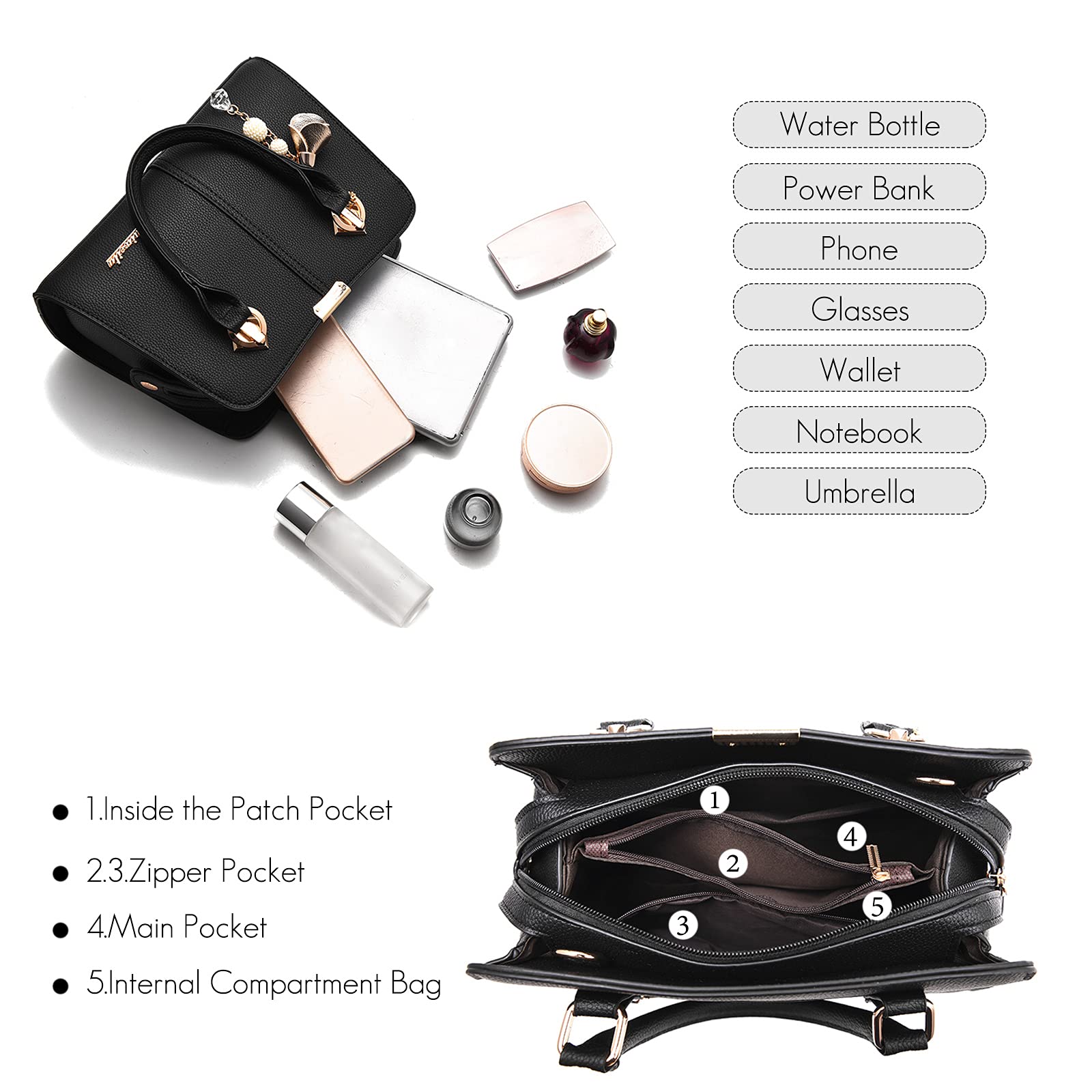 FANDARE Elegante Borsa da Donna Borsa a Mano Borsa a tracolla Spalla Borse Tote da donna Borsetta per Shopping Viaggio Partito Sacchetto Borsetta in Pelle PU Nero B