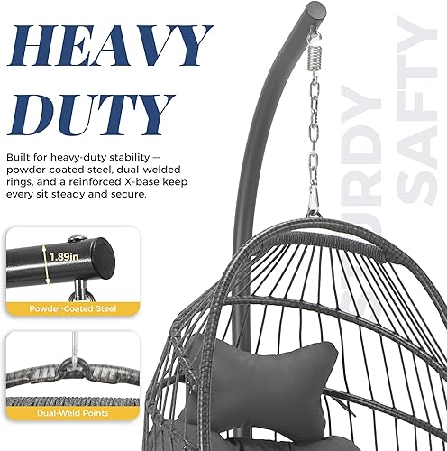 Miniatura 14 de Silla colgante de huevo, de mimbre y ratán, cojines resistentes a los rayos ultravioleta, capacidad de 350 libras, para dormitorio, balcón, patio