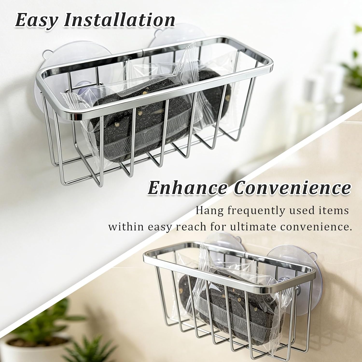 Set of 1 Stainless Steel Sink Sponge Holder Basket with Suction Cups, Kitchen and Bathroom Organizer Caddy, Polished Finish, 13.7 x 6.2 x 5.3cm