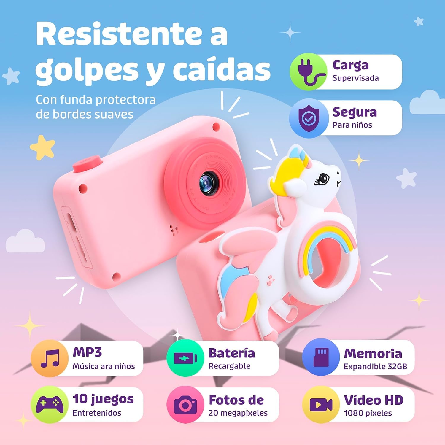 Cámara Fotos Infantil Unicornio Rosa para Niña 3 4 5 6 7 8 9 10 Años, 2" 1080P con 32GB y Trípode, Juguetes Regalo Niña Cumpleaños Navidad, Selfie MP3 Juegos Educativos