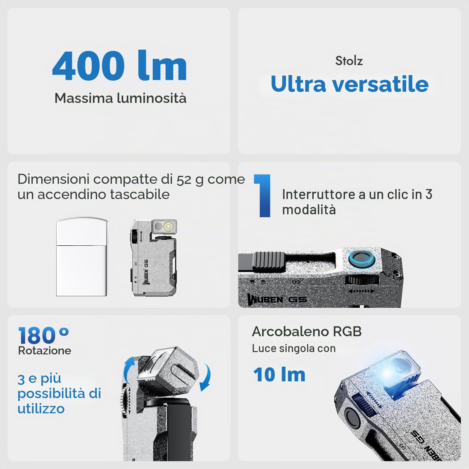 WUBEN G5 Torcia LED Ricaricabile Mini Portachiavi RGB, 400 lumen, Torcia Magnetica EDC USB, 6 Modalità di Illuminazione, Impermeabile Campeggio Esterno, Emergenze (Slot Ghiaccio)
