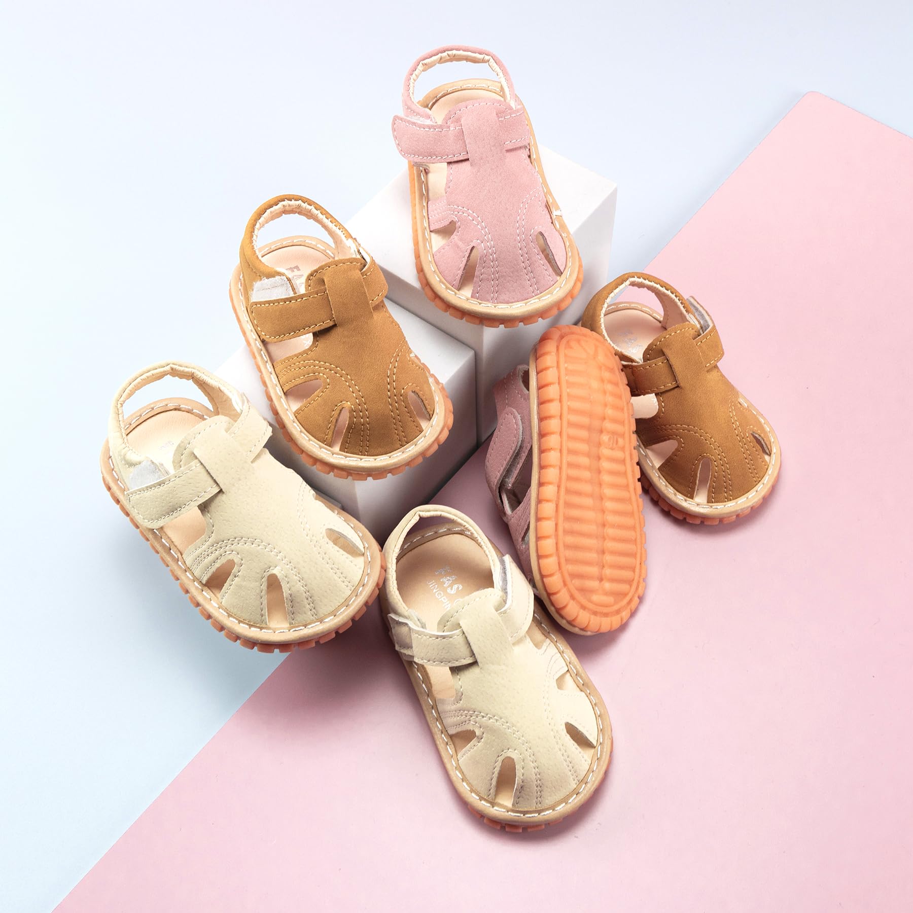 SOFMUO Baby Boys Girls Squeaky Sandals Non-Slip Soft Rubber Sole Closed Toe Infant Summer Outdoor Shoes Toddler First Walkers(B/Pink,19)