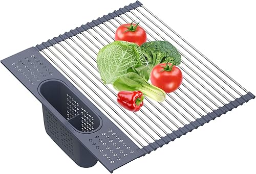 Miniatura 9 de LEMIKKLE Escurridor de platos enrollable de 20 x 15.2 pulgadas sobre el fregadero, escurridor de platos multiusos de acero inoxidable SUS304,