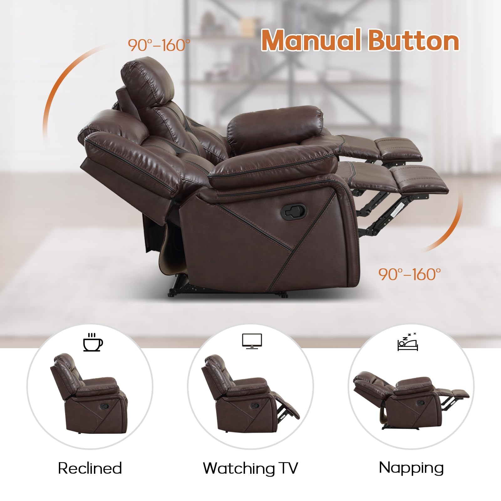 EBELLO Faux Leather Recliner Sofa Furniture Set for Living Room, 2 Recliner Chairs, 3 Seat Recliniing Sofa Couch Set for Meeting Room, Dark Brown view 4