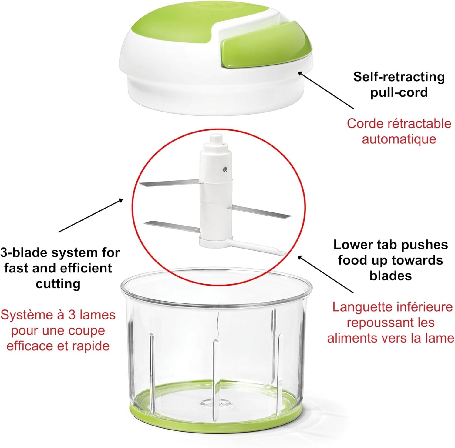 Starfrit Pull Chopper - Multi Purpose Manual Food Processor - Three Blade System for a Faster Cut - From Large Chunks to Purée - Self-Retracting Cord - Fruits, Vegetables, Meats and Crushes Ice