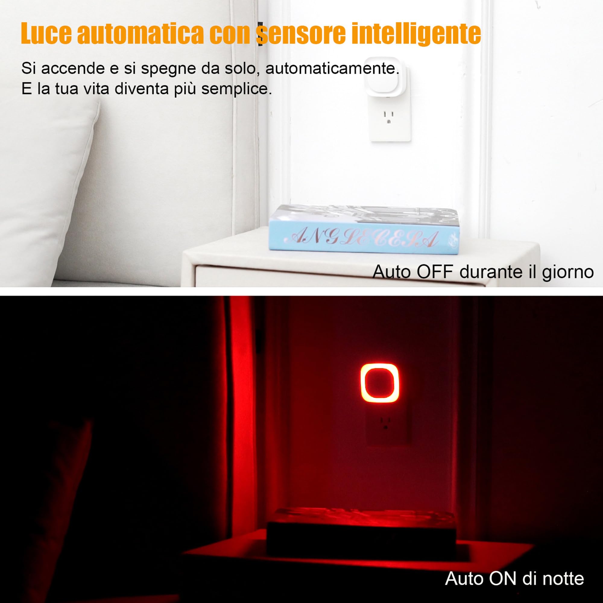YUNLEX Presa di Luce Notturna con Sensore Crepuscolare, 3 livelli di luminosità regolabile per Camera dei Bambini, Bagno, Corridoio, Cucina, Scale, Rosso