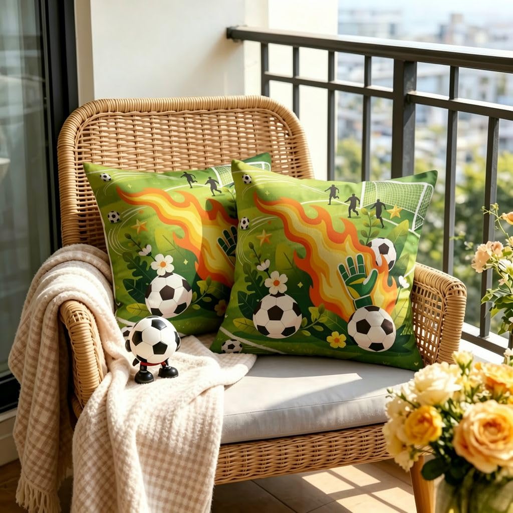 Green Grass Field Flaming Soccer GoalieLinen Pillow Covers -24x24