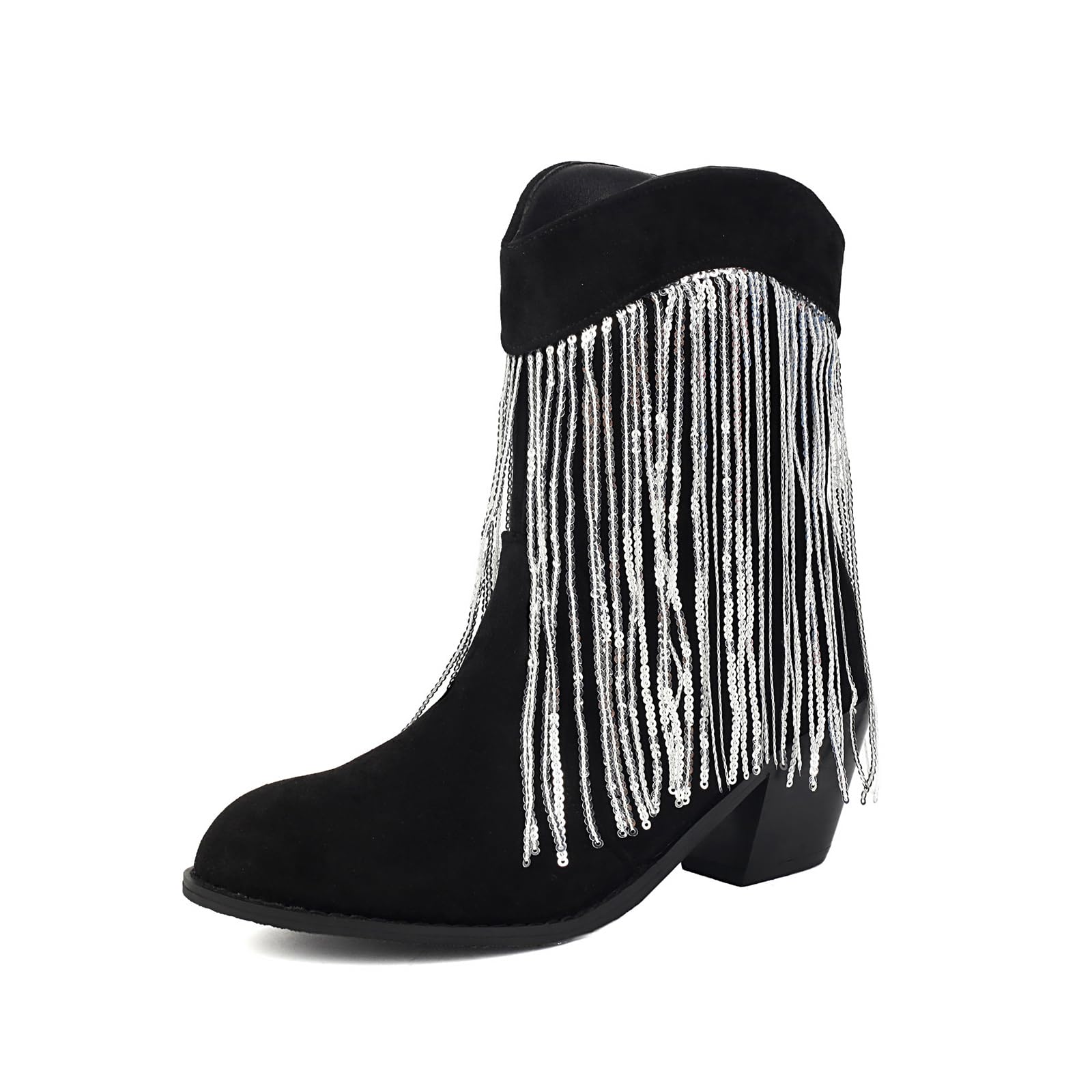 Womens Suede Stacked Chunky Heel Ankle Boots with Fringe Stylish Casual Comfortable Round Toe Non-Slip Block Heel Booties