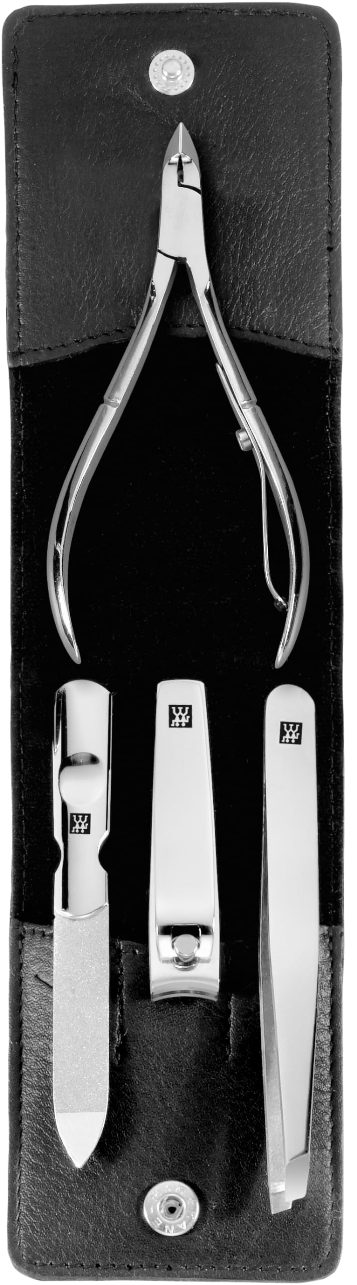 Classic Inox 4pc manicure set. Black. High Grade Rust resistant Polished Stainless Steel. Includes Nail clippers, cuticle nippers, slanted tweezers and a sapphire nail file. Made in Germany.