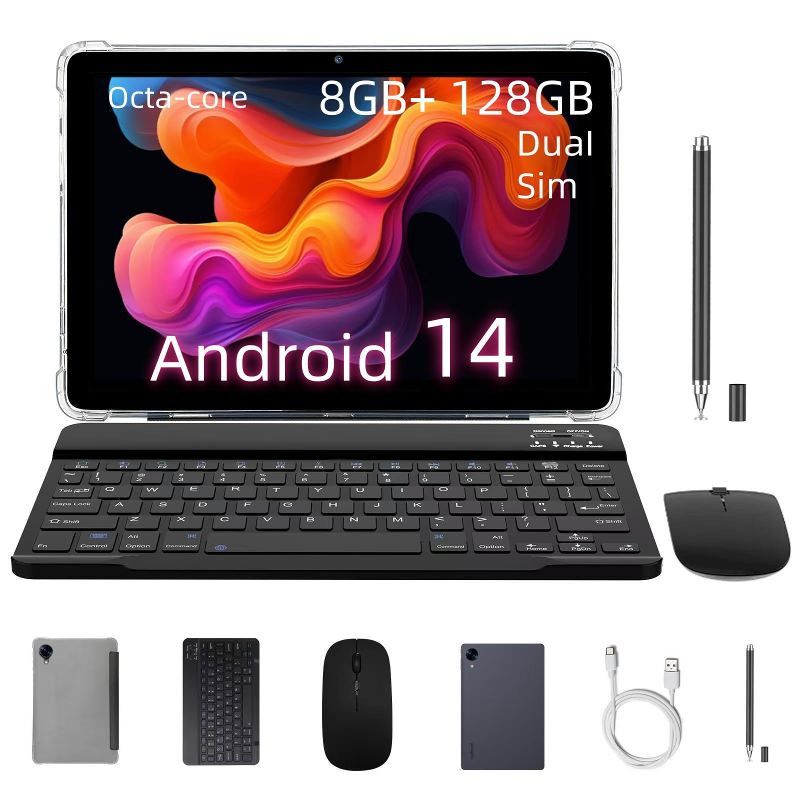 Tablet 10,1 cala Android 14 | 8 GB + 128 GB (rozszerzalny do 1 TB) | Dwie karty SIM 4G | Bateria 6000 mAh, 10 godzin pracy | Metalowa obudowa | Redbeat A2 Zestaw klawiatur w zestawie
