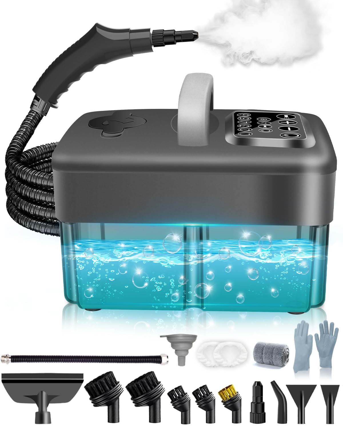 Mecmic Dampfreiniger Handgerät für Alles - 2500W 6-Stufig Einstellbar, 1,6L Wassertank, 120 °C Dampf, 15s Aufheizzeit, Tragbar mit 10 Zubehörteilen, Dampfreinigung für Boden, Polstermöbel,Fenster,Auto