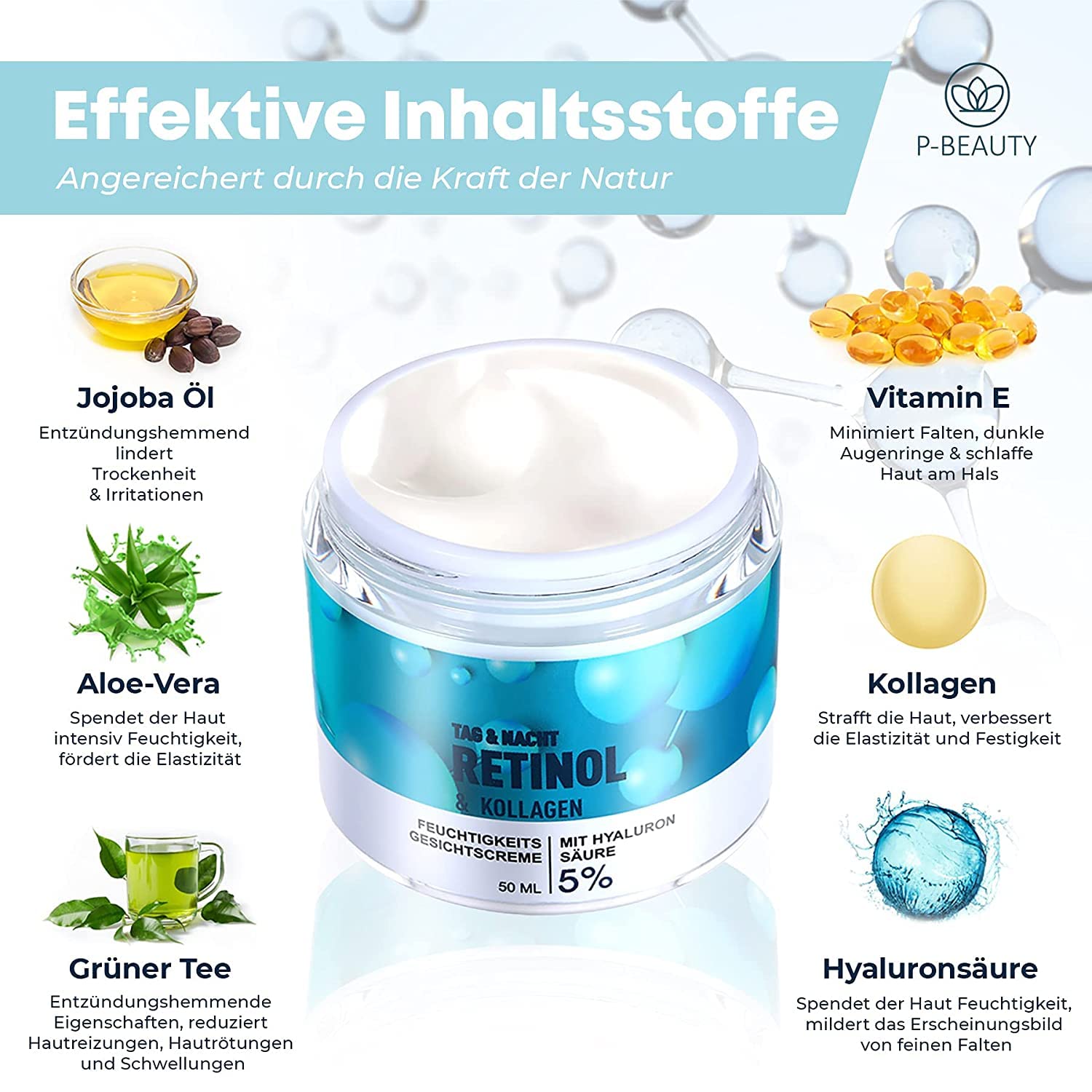 P-Beauty 3 x krem retinolowy, przeciwstarzeniowy z 5% retinolem 2 x 50 ml – krem nawilżający, krem na noc i krem na dzień z kwasem hialuronowym – krem przeciwzmarszczkowy, pielęgnacja twarzy z