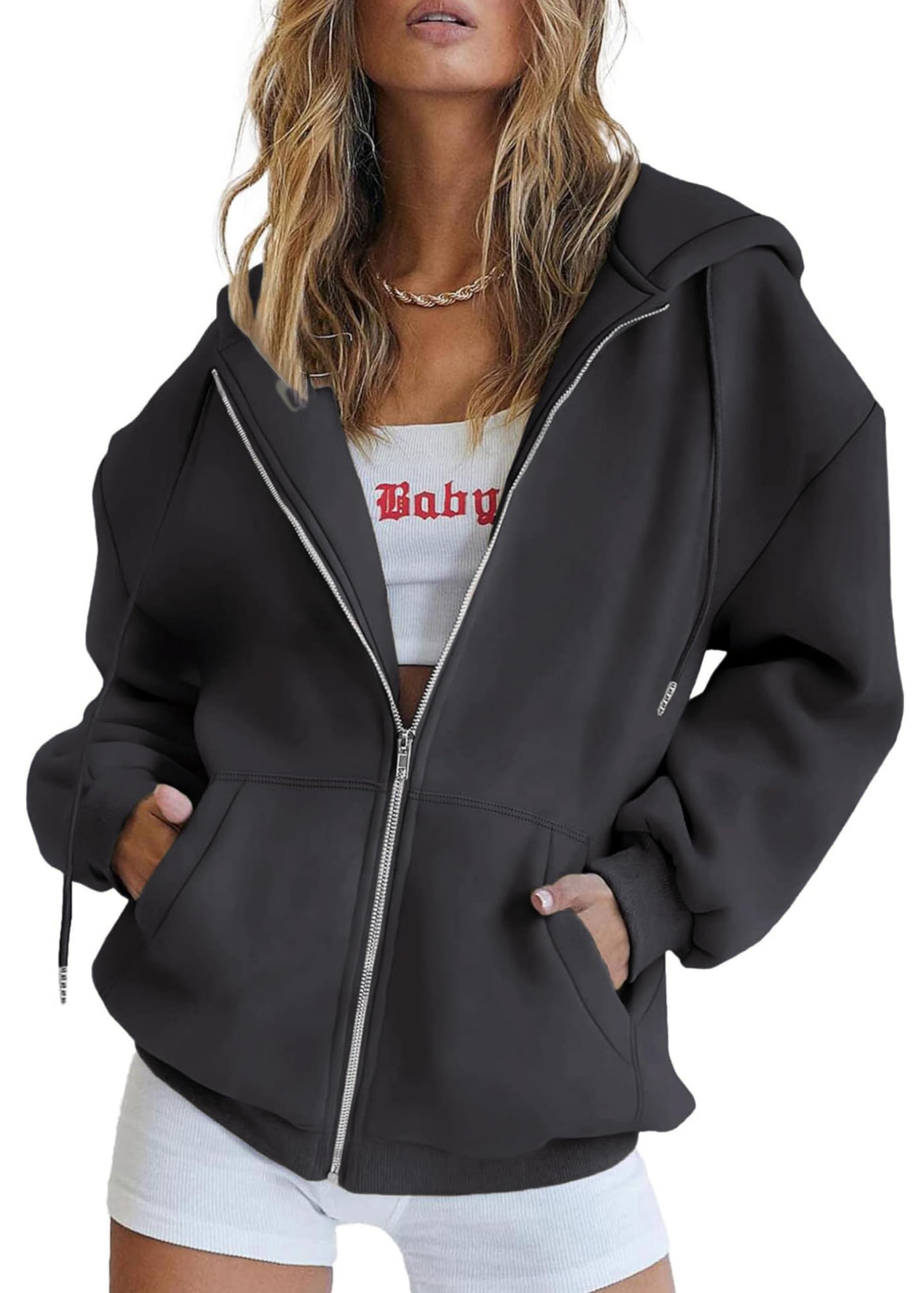 Timuspo Kapuzenjacke Damen Oversize Basic Langarm Classic Zip Hoodie mit Kapuze und Taschen Oversized Sweatjacke Warm Kapuzenpullover Dunkelgrau XL