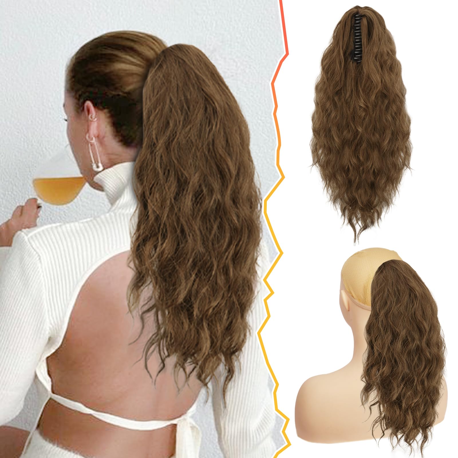 BARSDAR Brown Ponytail Extension - 18 Inch Claw Clip Ponytail Extensions for Women - Curly Wavy Multi Layered Synthetic Clip in Ponytail Fake Pony