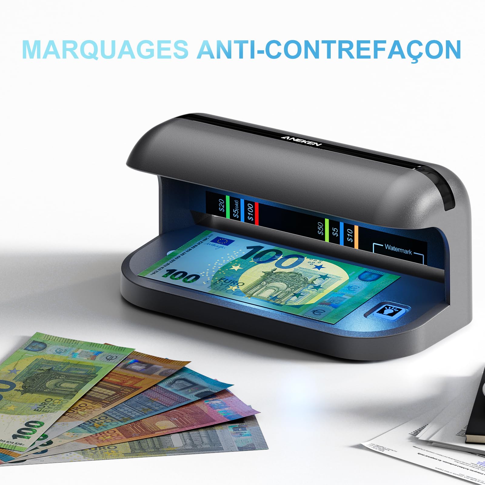 Aneken AL-17 Détecteur de faux billets avec lumière LED UV et lampe filigrane, detecteur de faux billets euros avec batterie intégrée, cartes et détection de carte d’identité, pour toutes les devises
