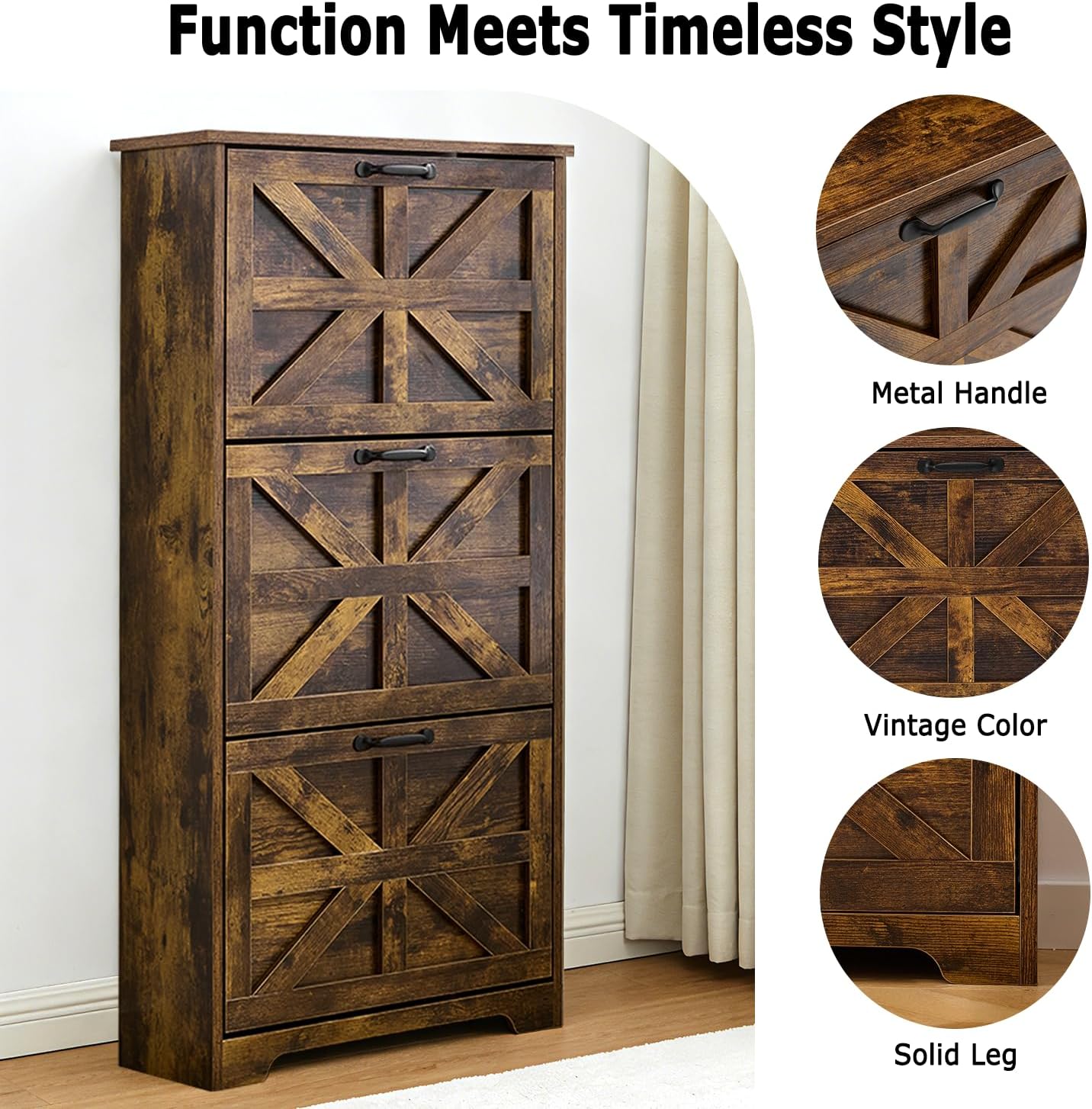 Shoe Storage Cabinet with 3 Flip Drawers, Farmhouse Shoe Organizer with Barn Door Design, Space-Saving Hidden Narrow Shoe Rack Cabinet for Entryway, Hallway & Foyer, Brown