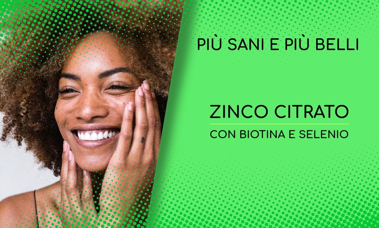 Zinco Citrato Altamente Assorbibile con Selenio Metionina e Biotina 1600 Compresse, 1 al dì, Capelli Pelle Unghie Formula