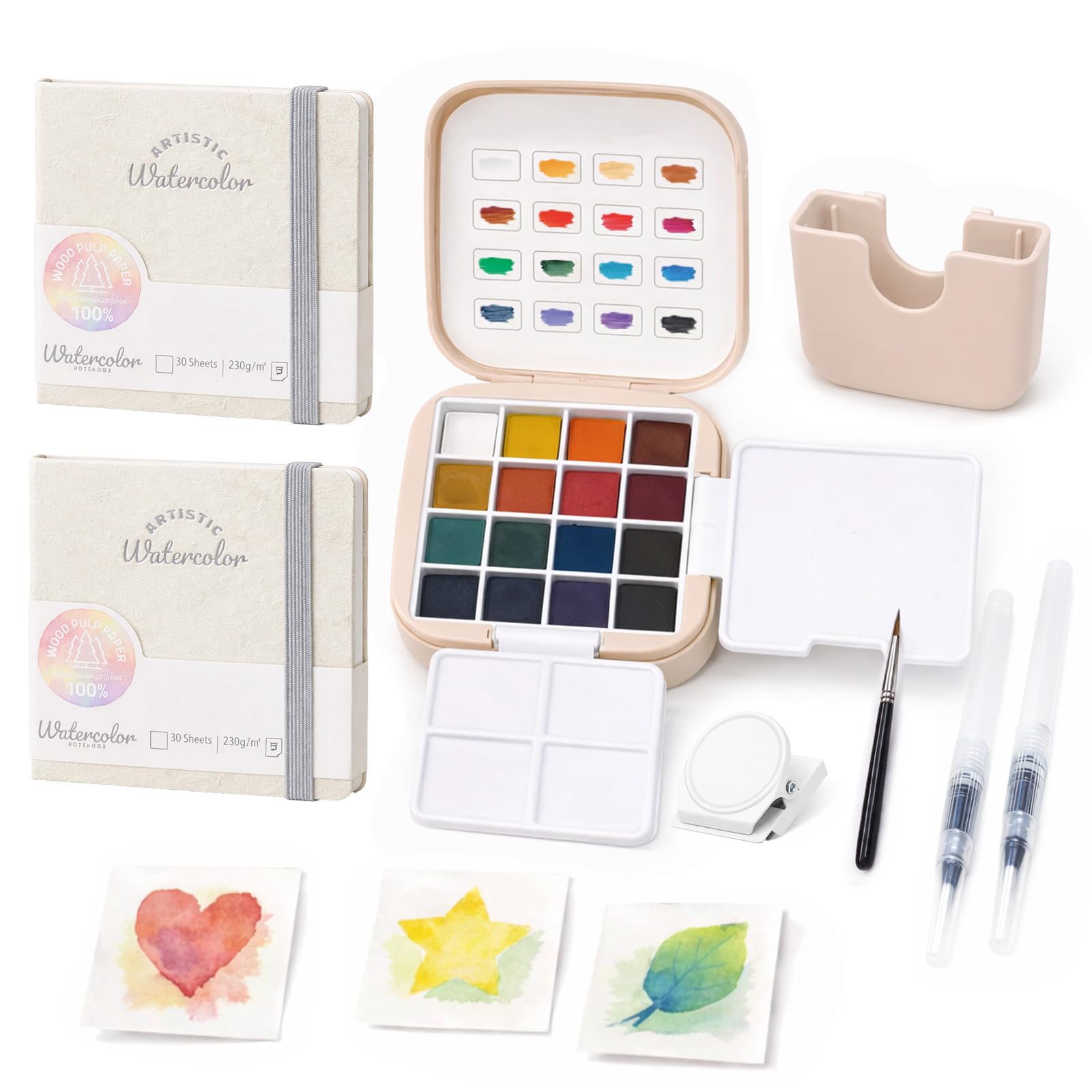 Fakindiy Mini Watercolour Paint Kit - Travel Watercolour Set, Pocket Water Colour Palette with 16 Colours, 2 Mini Sketchbook, Brushes and Clip, Portable Painting Set Gift for Beginners, Artists