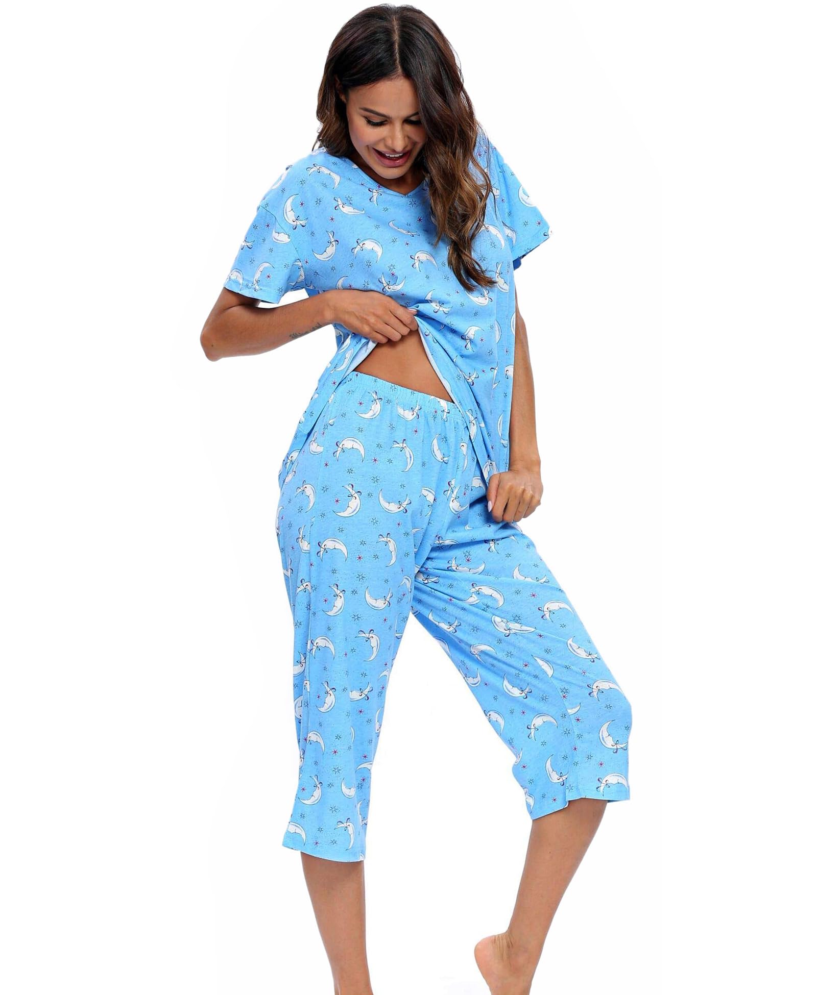 Schlafanzug Damen Zweiteiliger Pyjama Sommer Nachtwäsche Kurz Baumwolle Hausanzug Capri Sleepwear Oberteil und 3/4 Hose S-XXL