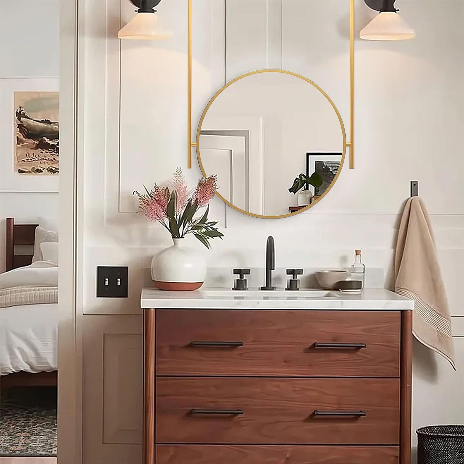 Okrągłe lustro ścienne do łazienki 40/50/60/70 cm duże nowoczesne czarne lustro łazienkowe z metalową ramą lustro do montażu na suficie wisi pionowe lusterko do makijażu w domu (Size : Diameter-60CM/