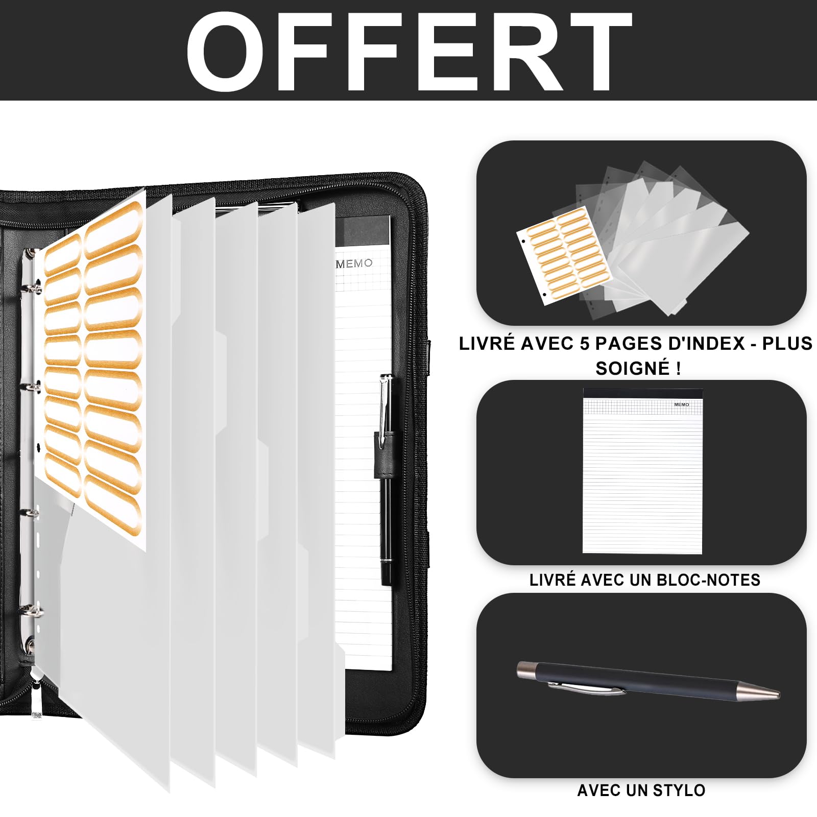 Leathario Porte Documents A4 Portfolio, Organiseur de Conférence 4 Reliures à Anneaux avec 5 Séparateurs, Carnet d'Écriture - Dossier de Présentation Professionnel