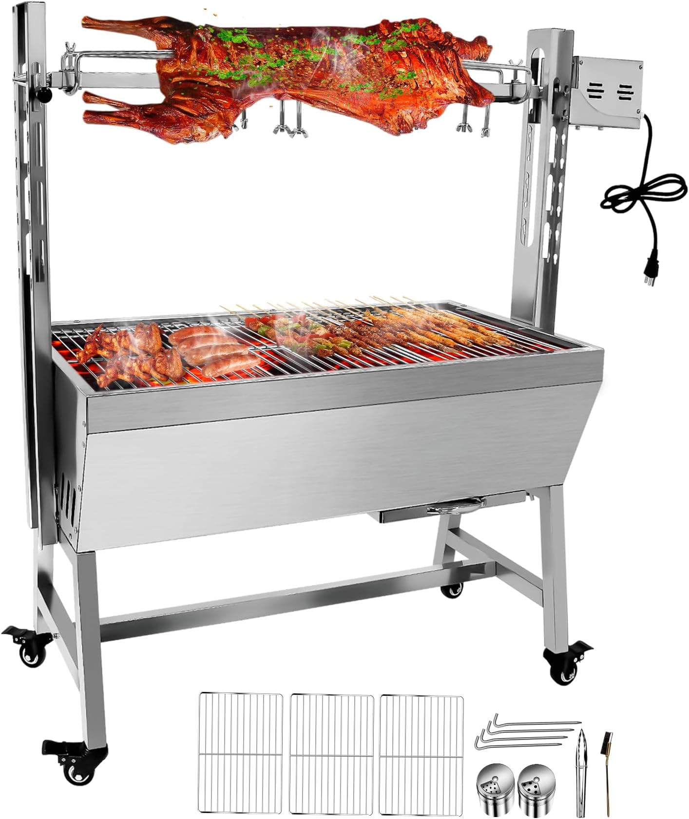 132LBS Rotisserie Grill Roaster without Back Cover Guard, 25W Motor Small Pig Lamb Rotisserie Roaster, 37 Inch Stainless Steel Charcoal Rotisserie Grill for Camping Outdoor BBQ