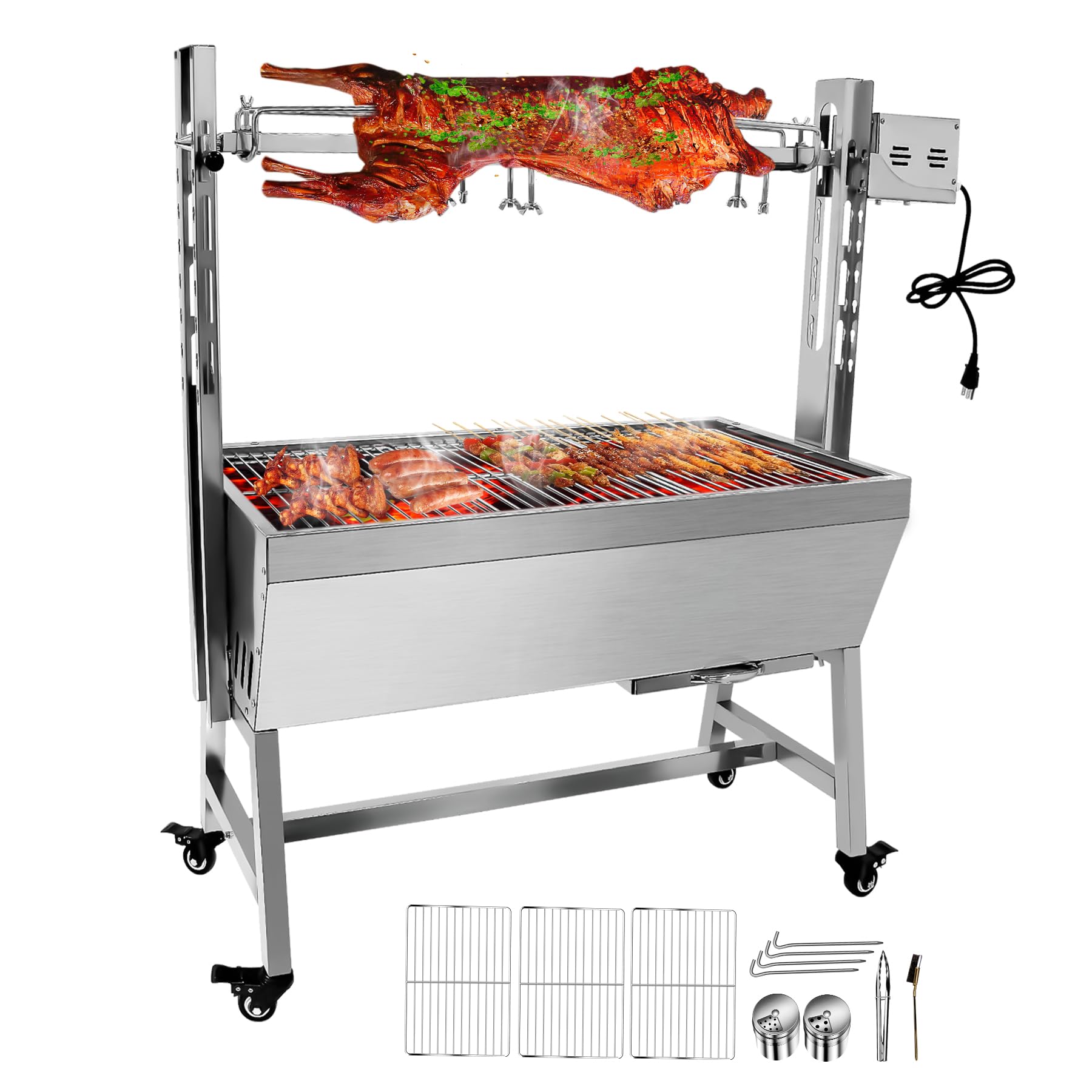 132LBS Rotisserie Grill Roaster without Back Cover Guard, 25W Motor Small Pig Lamb Rotisserie Roaster, 37 Inch Stainless Steel Charcoal Rotisserie Grill for Camping Outdoor BBQ