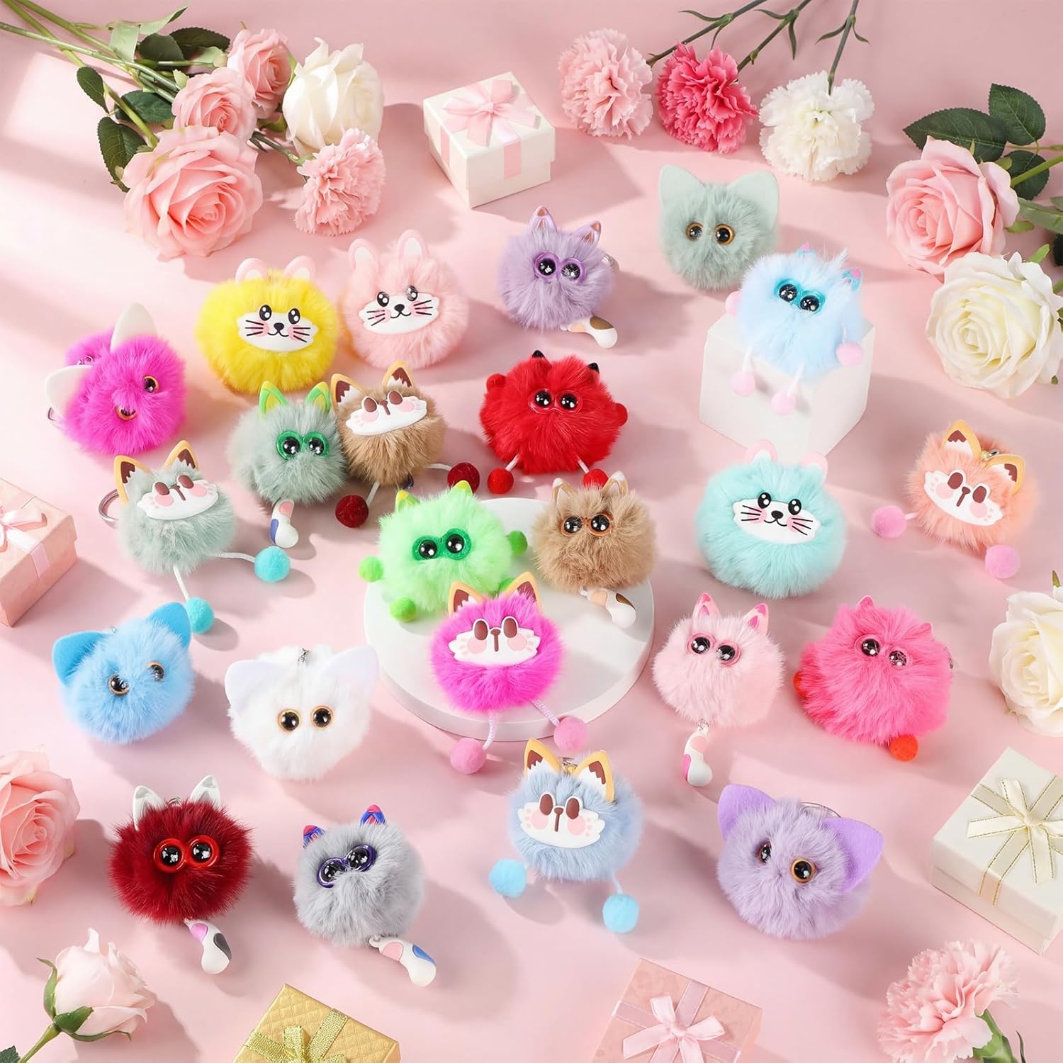Equsion 48 Pcs Kawaii Keychains Bulk Cute Plush Keychains Fluffy Pompoms Balls with Tassels and Keyrings Key Chain Kawaii Party Favors for Birthday Goodie Bags Piñata Prizes (Cat)