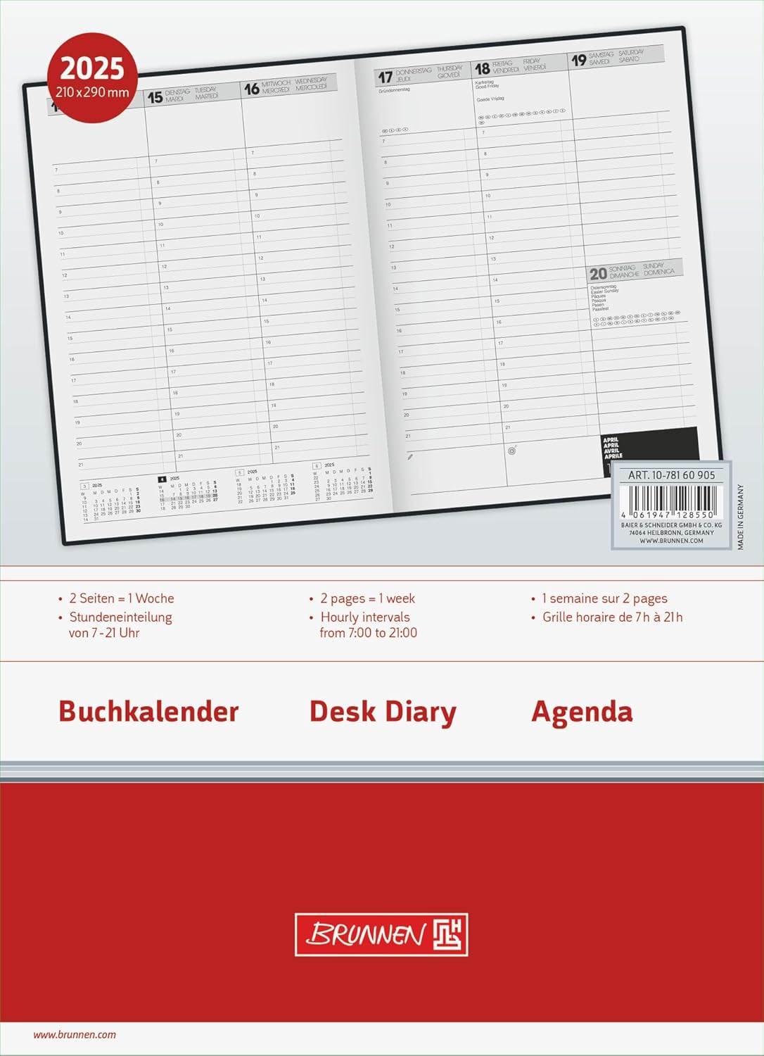 BRUNNEN Book Calendar Model 781 (2025), 2 Pages = 1 Week, A4, 144 Pages, Balacron Cover, Black