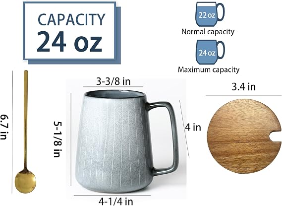 24 OZ Extra Large Ceramic Coffee Mug, with Spoon&Wooden Lid, 24 oz Grey Set