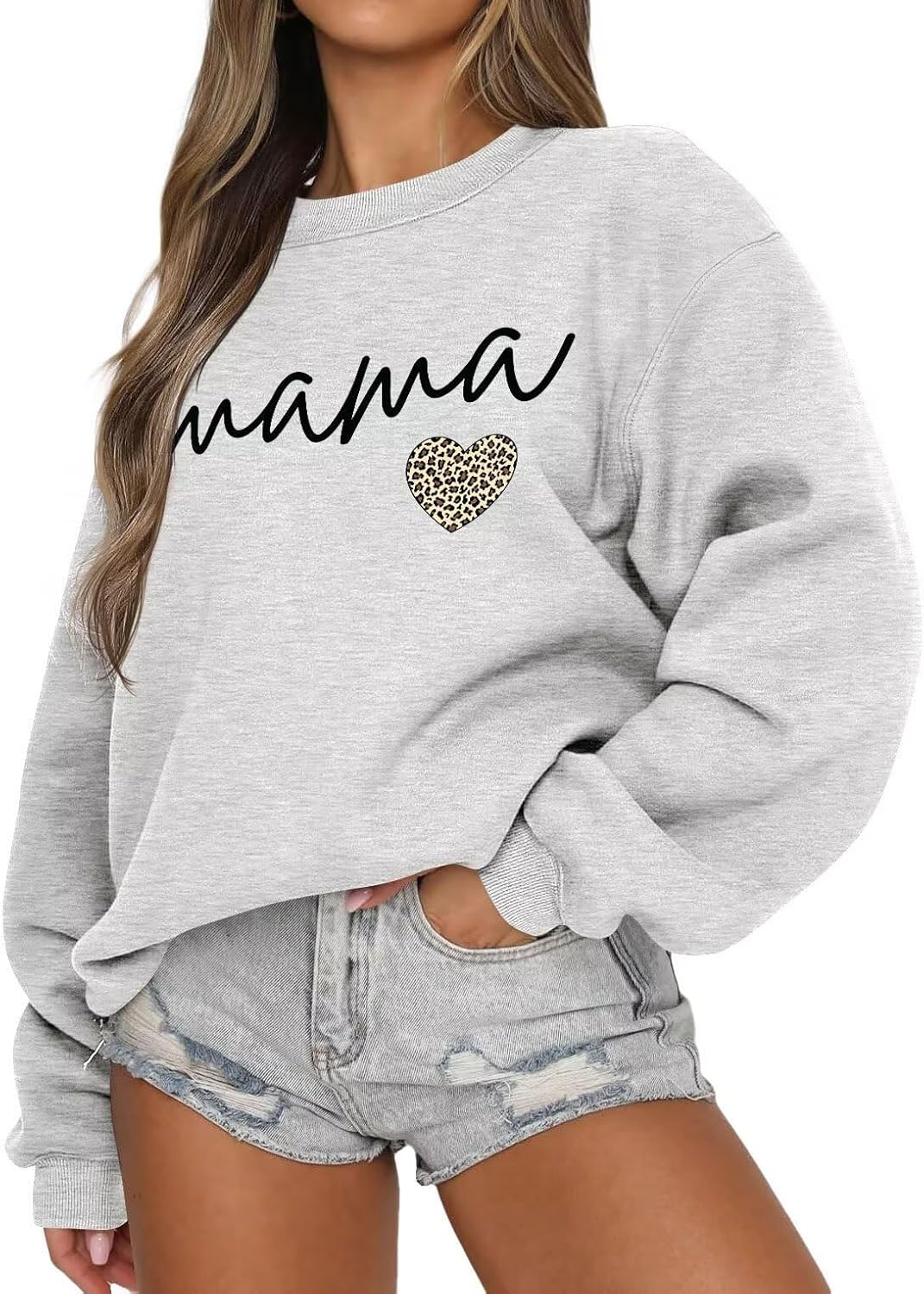 LEEDYA Women Long Sleeve Mama Sweatshirts Crewneck Casual Fall Pullover Tops Oversized Knit Mom Sweater