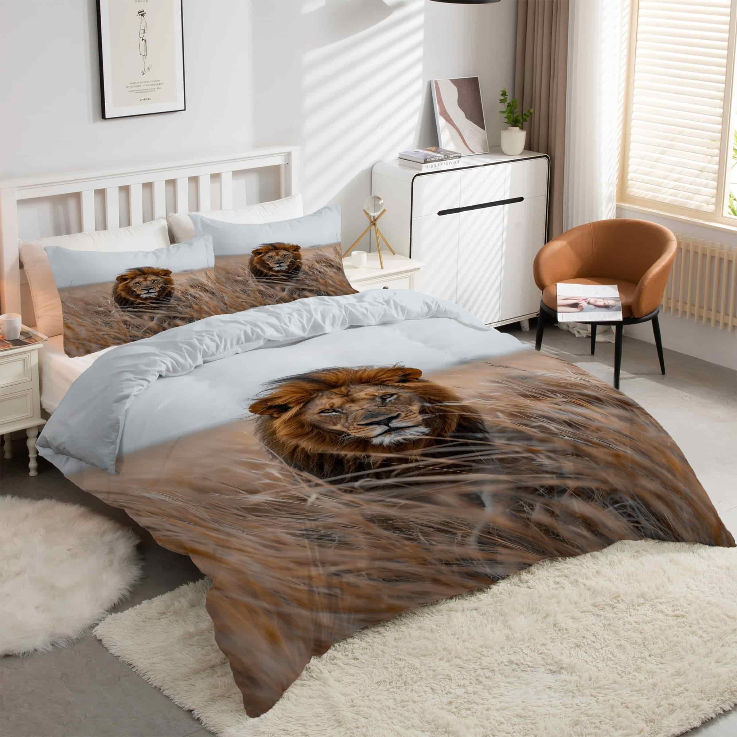 Housse de couette 200x200 lion animaux parure de lit 3 pièces microfibre