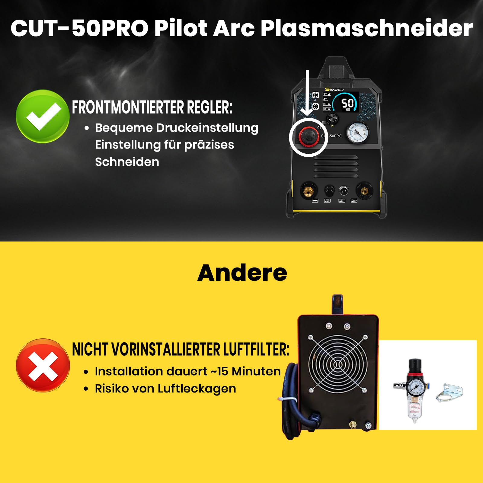 SSIMDER Plasmaschneider 50a Mit Non-Touch Pilot Arc – Leicht Und Tragbar, Sauberer Schnitt Bis 12mm, Max. 16mm, Hf-PilotzüNdung, Digitalem Display, 2t/4t, FüR Werkstatt, Heimgebrauch Und Hobbyanwender