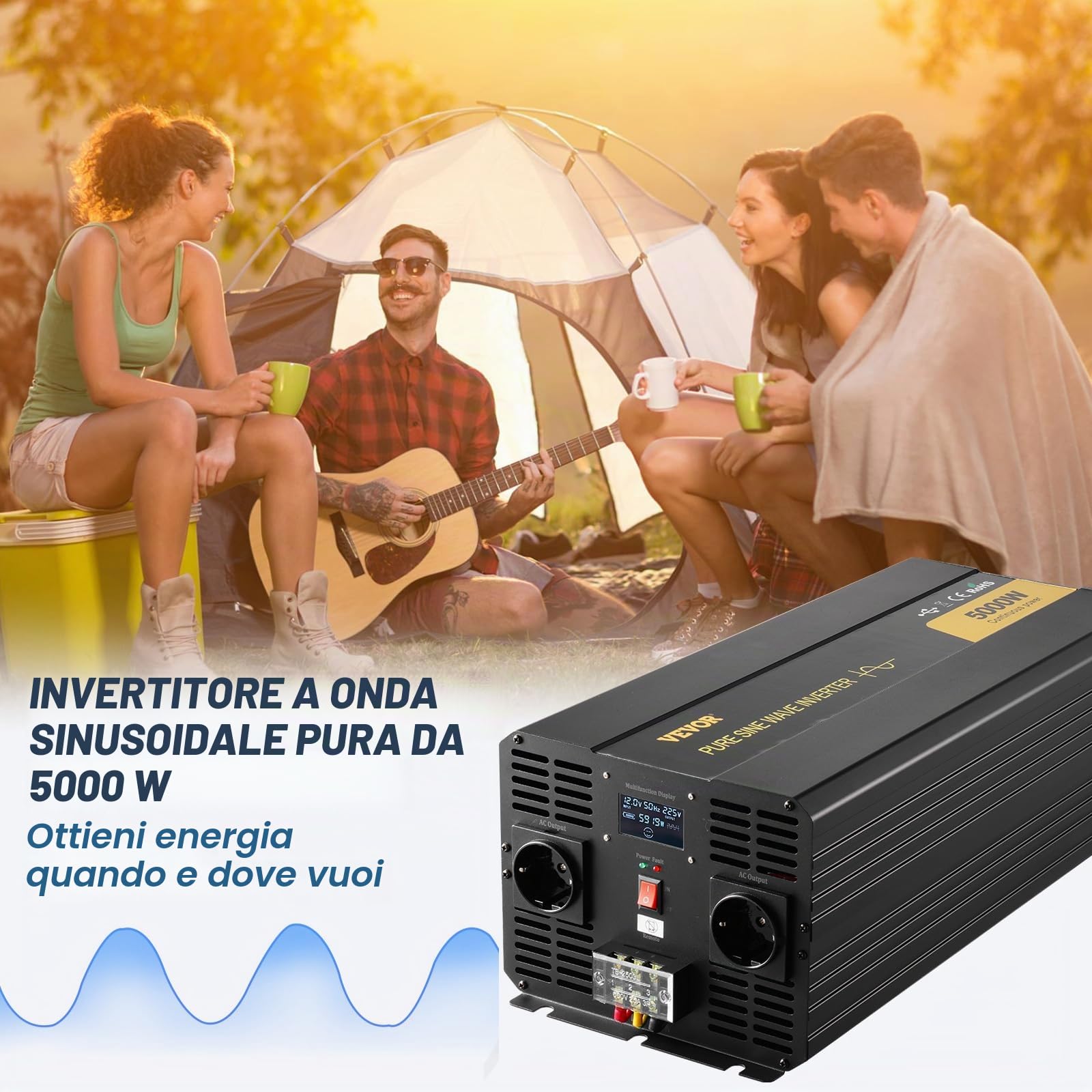 VEVOR Invertitore a Onda Sinusoidale Pura, 5000 W Invertitore di Potenza, DC 12 V a AC 230 V Invertitore per Auto con Schermo LCD Porta USB, Telecomando, per Camper Sistema Solare Viaggio Campeggio