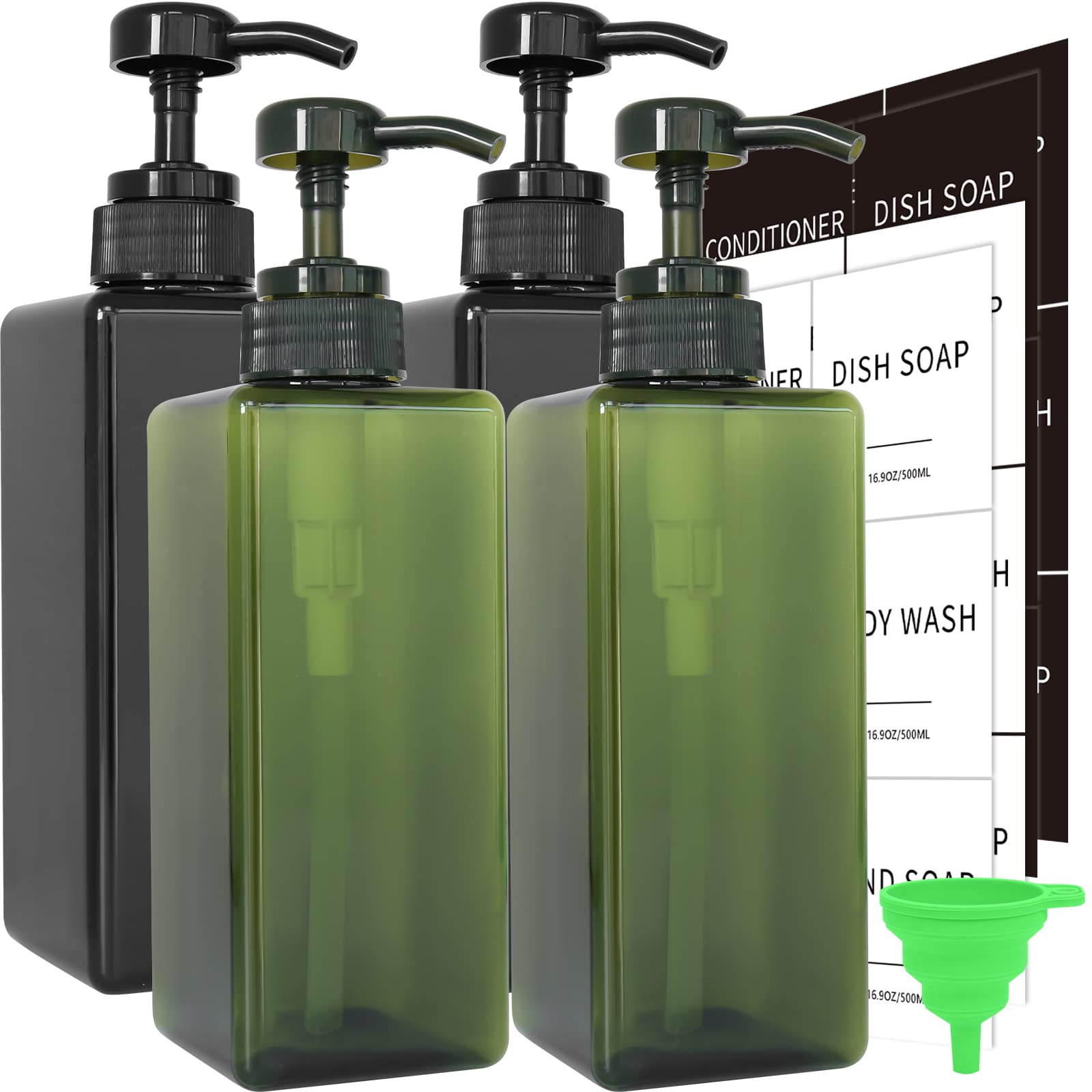 Soap Dispenser with Waterproof Labels, Thickened Plastic Hand Soap Dispenser for Bathroom, Kitchen Dish Washing Liquid Bottles, Shampoo and Conditioner Bottles with Funnel (16oz 4Pack Black Green)