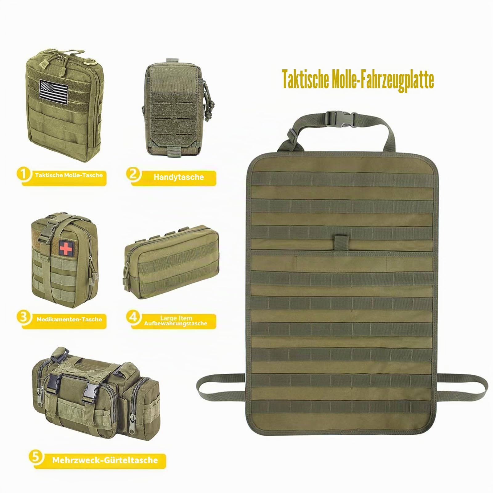 Taktische Sitzrücken-Organizer für Fahrzeuge, Molle-Paneel, Aufbewahrungstasche mit 5 abnehmbaren Molle-Taschen für alle Fahrzeuge wie Jeep,SUV,Auto,Ford,Chevy,Toyota usw (Modell C-Militärgrün)