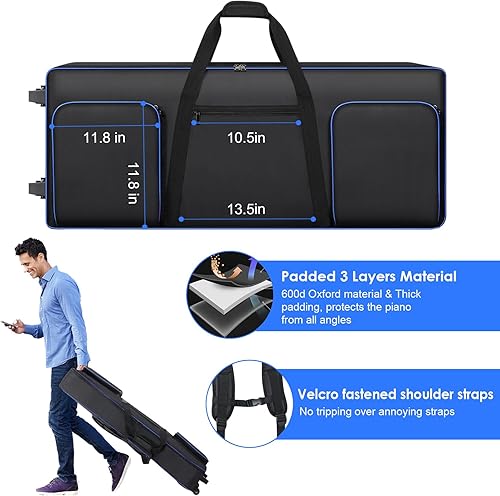 Miniatura 5 de tingroun Funda para teclado de 61 teclas con ruedas, bolsa de teclado acolchada portátil suave, bolsa de piano rodante con asas y correas de hombro