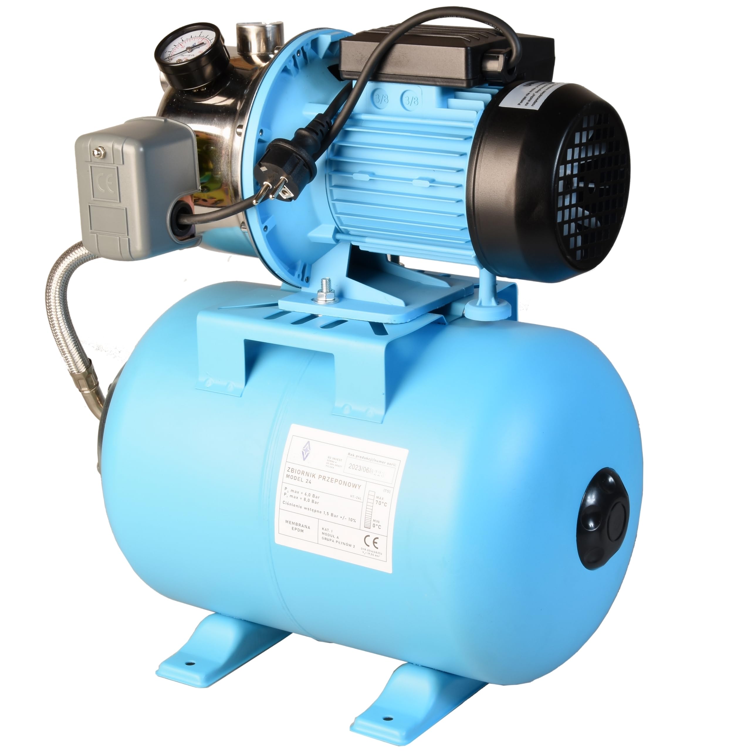 Hydrofor do Wody 24L ZESTAW HYDROFOROWY Pompa Hydroforowa INOX JX 1100 (1100 W, 3600 l/h, max. podnoszenie 50 m) Zbiornik Przeponowy 24 Litry Osprzęt WYDAJNY