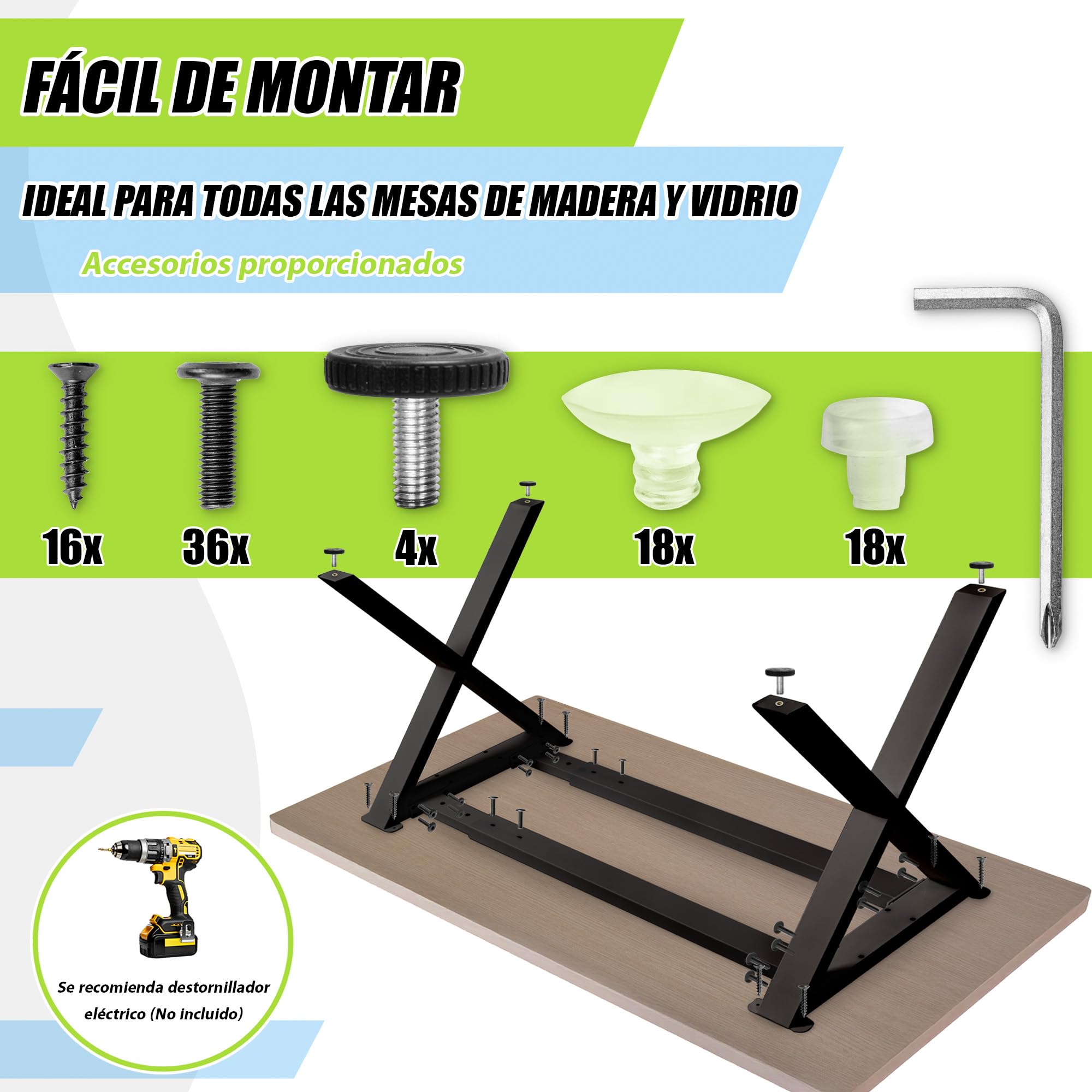 NEXT LEVEL - Patas para Mesas, 65x74cm, Perfil 80x40mm, Incluye Tirantes para la Estabilidad, Compatible con Madera y Cristal y Anchos de 70-100cm, Ideal para Escritorio y Comedor