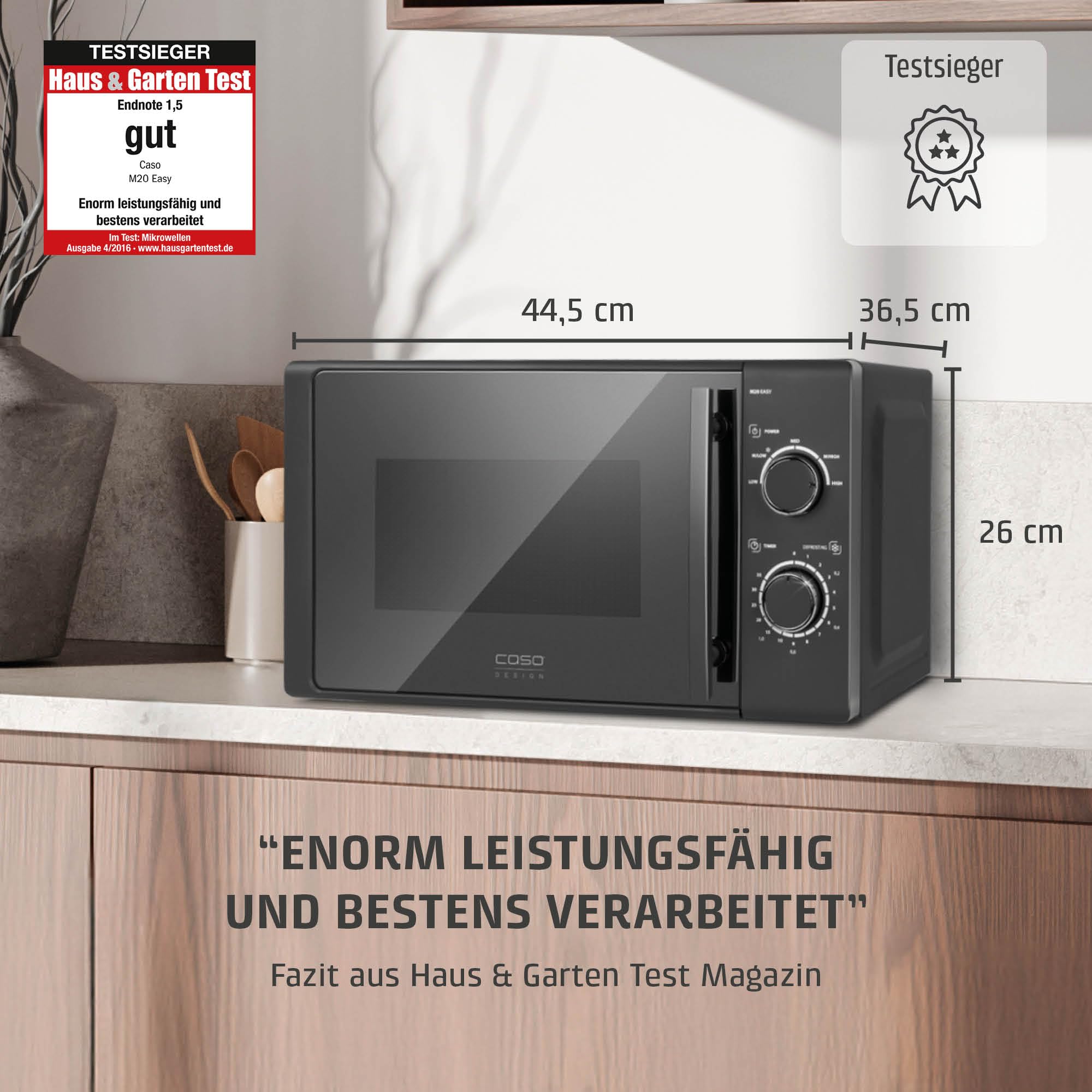 CASO M 20 EASY, Mikrowelle, 20L, 700 Watt, Drehteller Ø 25,5cm | 2 Auftauprogramme, anthrazit, Schwarz, Testsieger: Haus & Garten Test