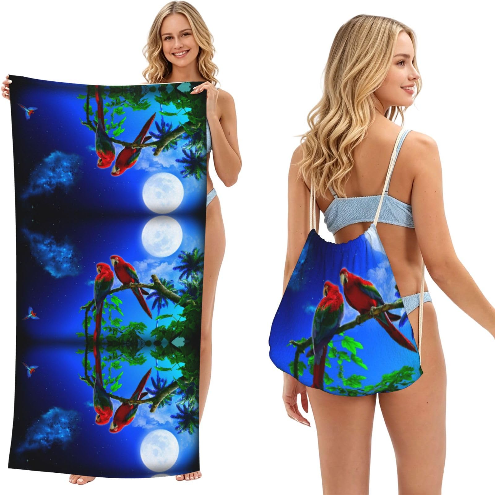 ESNAIUVCD Parrots Print Beach Towel For Adults,Towel With Drawstring Bag, Travel Pool Swimming Sports Shower Sand Free Quick Dry Bath Towel For Pool, Beach, Yoga- 180x60cm