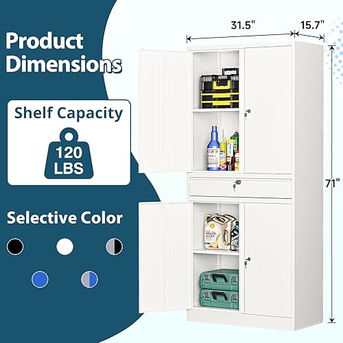 Vista 60 de MIIIKO Armario de almacenamiento de metal con puertas de bloqueo, armarios de acero con cerradura de garaje negro con 4 puertas y 5 estantes