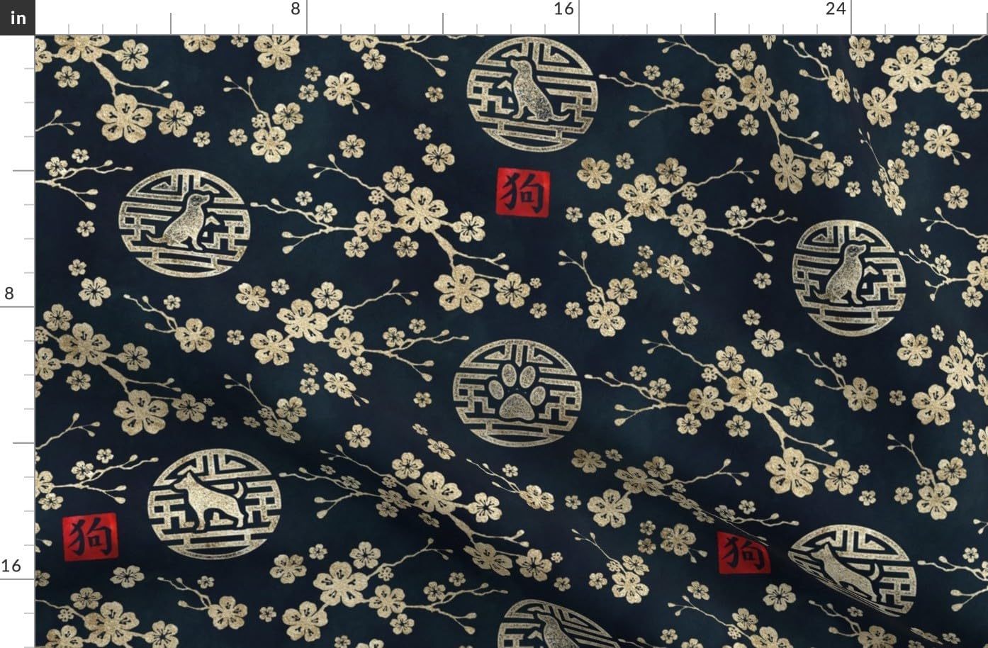 Spoonflower Fabric - Chinese Year Dogs Gold Dark Blue Cherry Blossom Asian Inspired Printed on Organic Cotton Sateen Fabric by The Yard - Sewing Quilting Apparel Home Decor