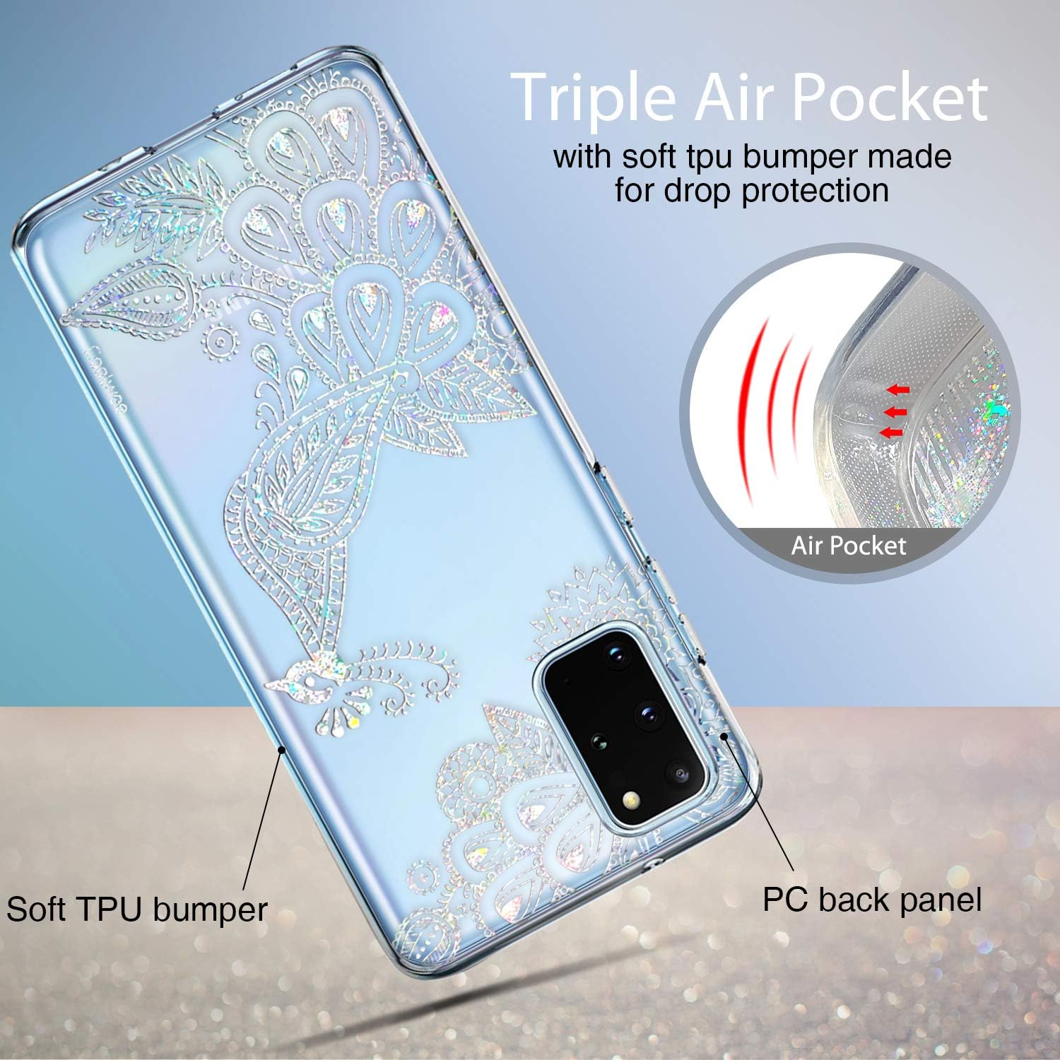 Coolwee Clear Glitter for Galaxy S20 Plus Case Thin Flower Slim Crystal Peacock Bling Women Girls Floral Plastic Hard BackvSoft TPU Bumper Protective Cover for Samsung Galaxy S20 Plus Mandala Henna