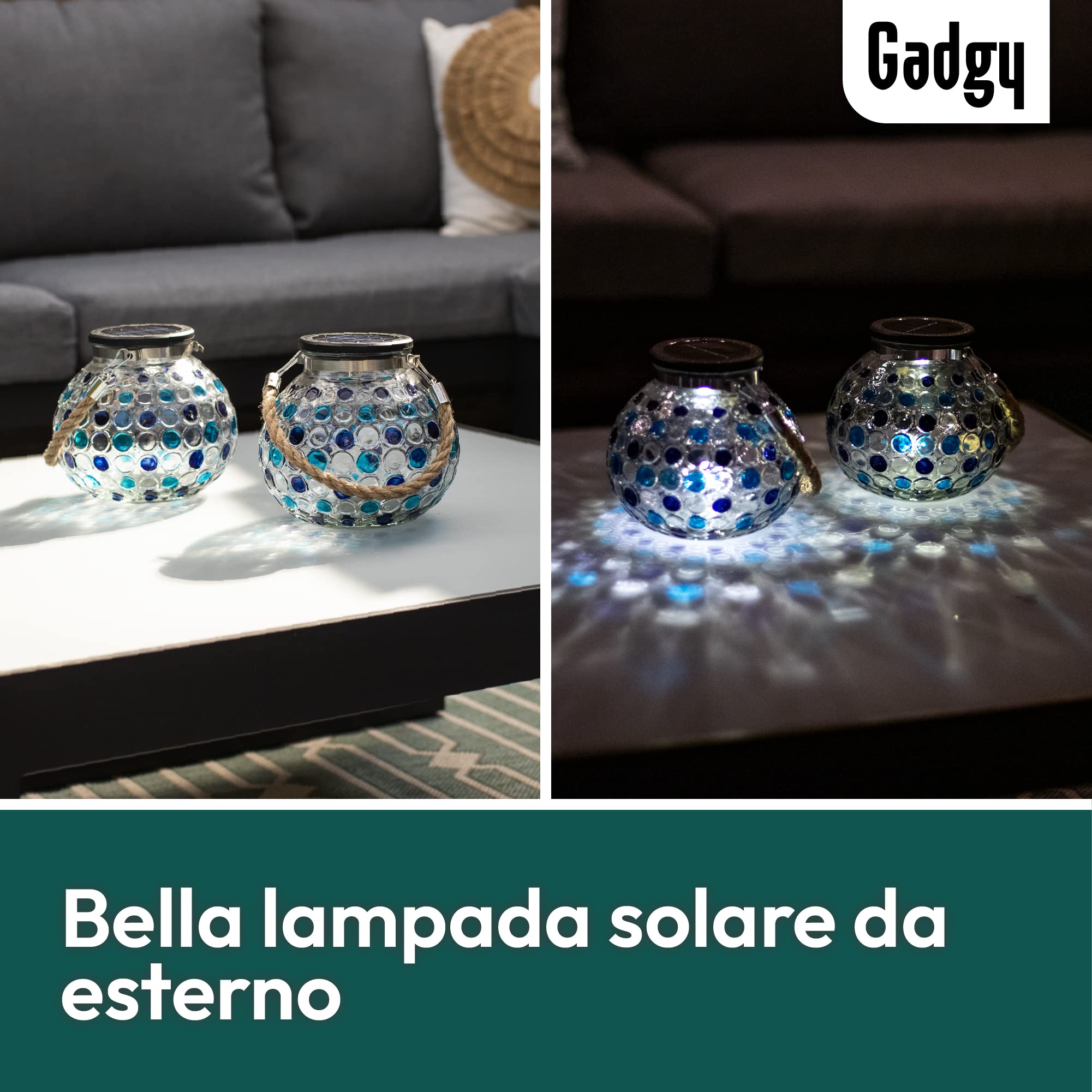 Gadgy ® Set 2 Lanterne Solari in Vetro a Mosaico Effetto Blu o Rosso | Lampada Solare LED da Esterno/Interno Sensore Crepuscolare | Pannello Solare e Batteria Inclusi (Blue)